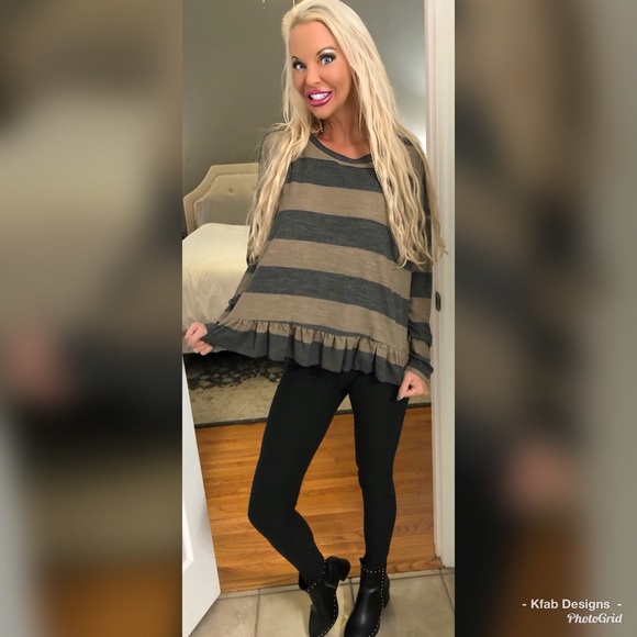 ❤️LAST 1! mocha/gray striped ruffle top! - Picture 4 of 4